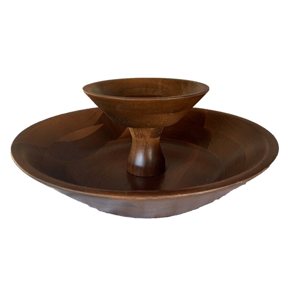OZARK WALNUTWARE Bowl Two Tier Wooden Serving Native Walnut Wood Chip & Dip MCM